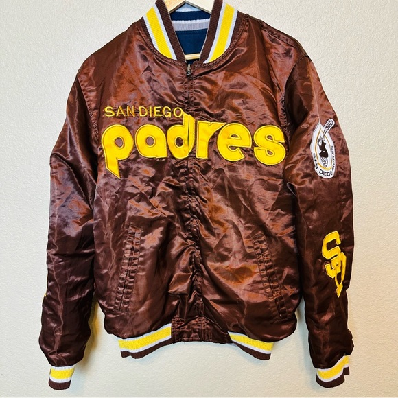 San Diego Padres Vintage Brown Satin Varsity Baseball Bomber Jacket Reversible - Picture 2 of 14